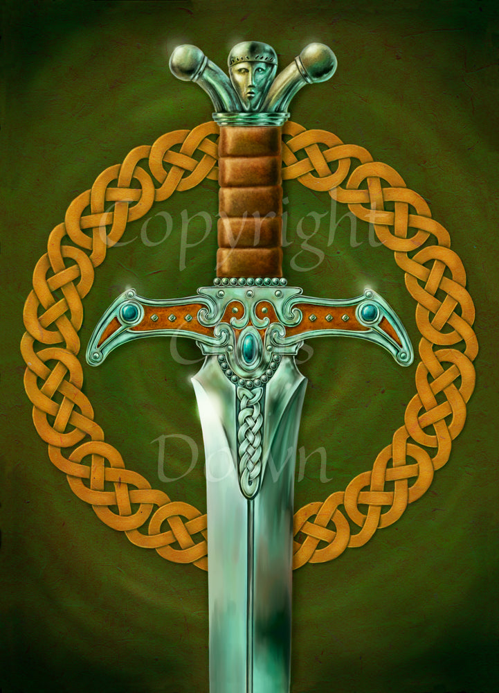 A shining silver sword stood upright, the handle and part of the blade visible. The handle is leather, and there's a face in the pommel. A bronze-coloured Celtic knot circle sits behind the sword. The background is green.