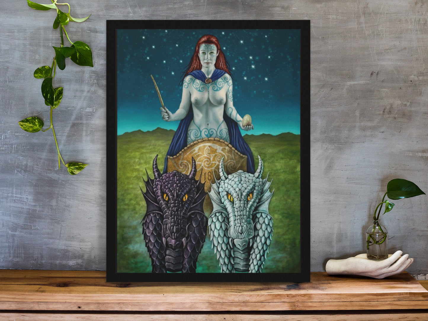 Mockup of art print standing on shelf