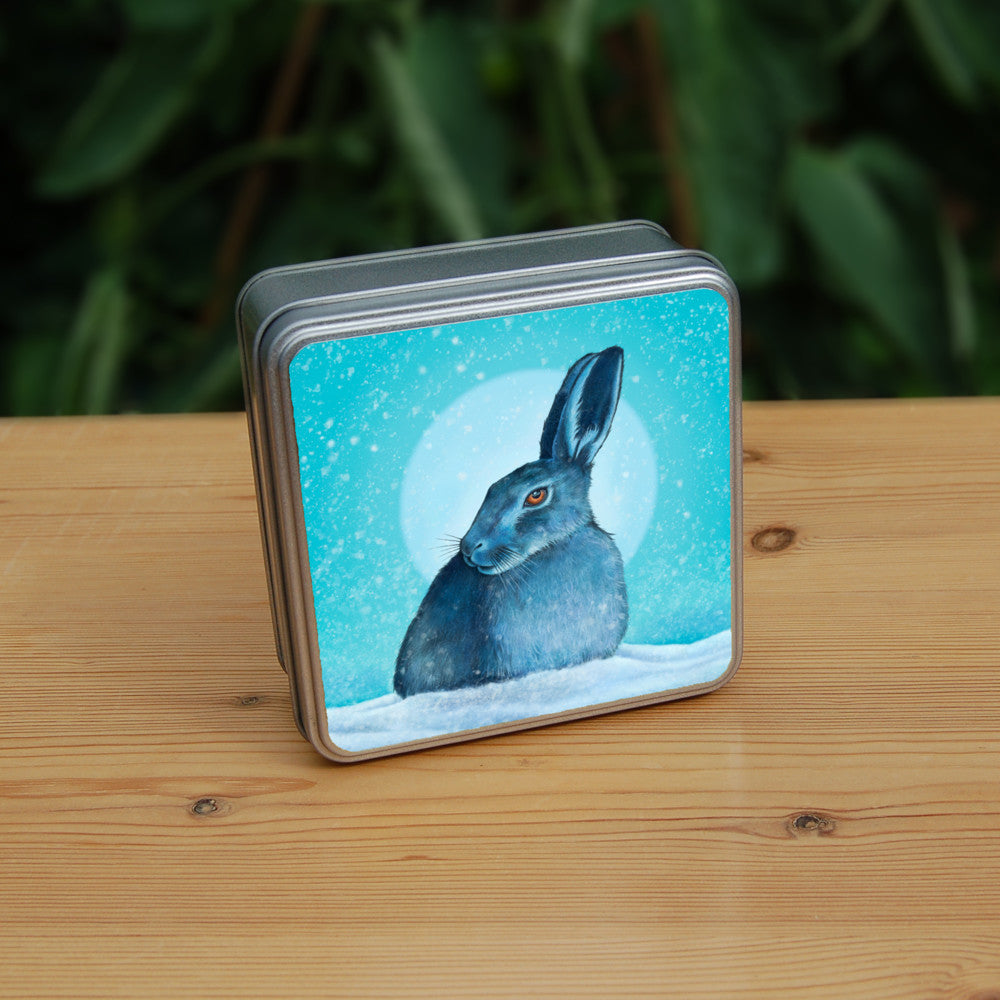 A hare crouches in snow, head turned to one side so one eye faces the viewer. Snow is falling, and a pale wintery sun shines behind. The design is coloured in shades of blue and turquoise, including the hare, which appears blue except for a deep orange eye.