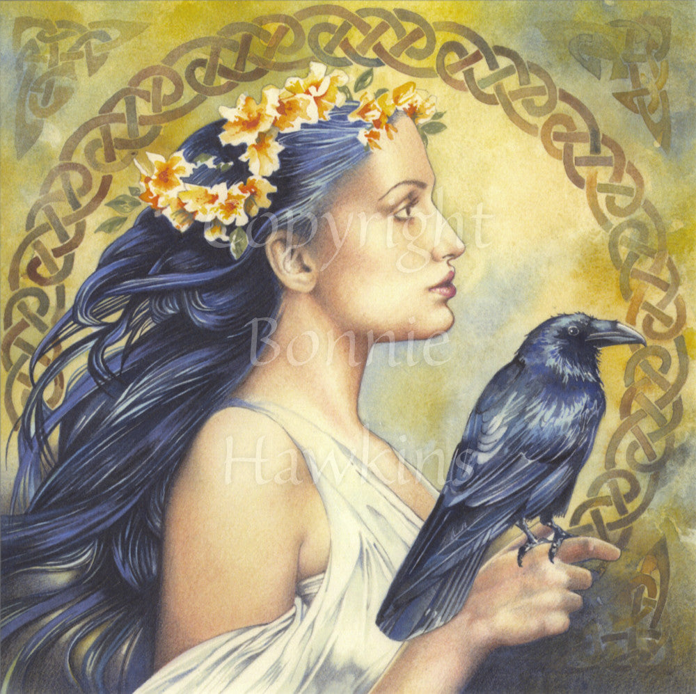 The head and shoulders of a young woman with a raven sitting on her hand. She has a mass of long black hair decorated with yellow and orange flowers, and is wearing a sleeveless white dress. A Celtic knot pattern in the background surrounds the design.