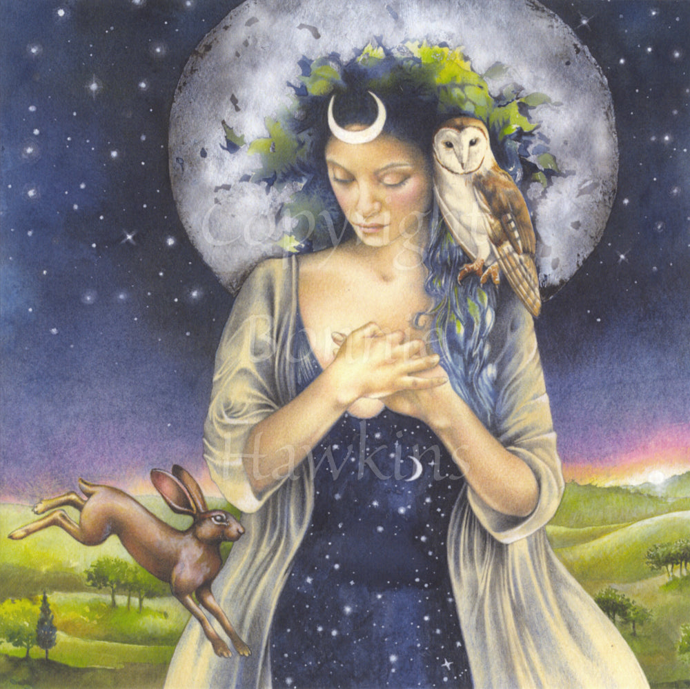 A woman stands facing the viewer, eyes down and hands clasped in front of her. A brown hare leaps in front of her, and a barn owl sits on one shoulder. Her hair cascades down one shoulder, meeting her dress which has a night sky pattern with stars and crescent moon, partially covered by a white wrap. Behind her, a huge silvery full moon shines against a starlit sky. The morning sun is rising above the green hills and fields below.