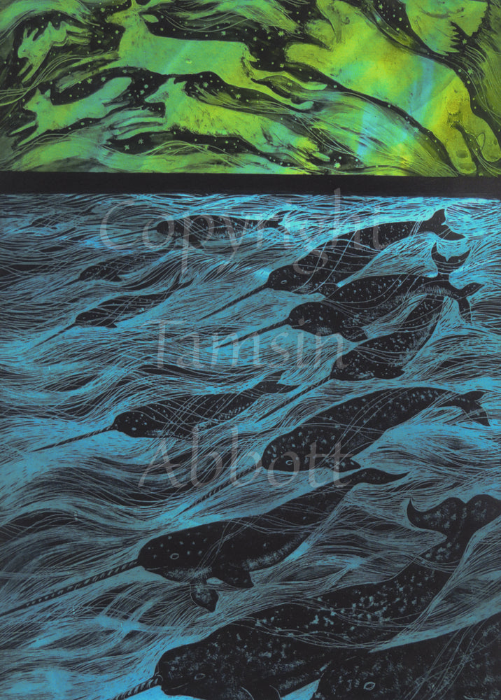A group of Narwhals swimming together through a turquoise ocean fills the bottom three-quarters of the design. The top quarter is filled with animals, coloured in bright green, leaping across a night sky: reindeer, bears, foxes, hares and birds.