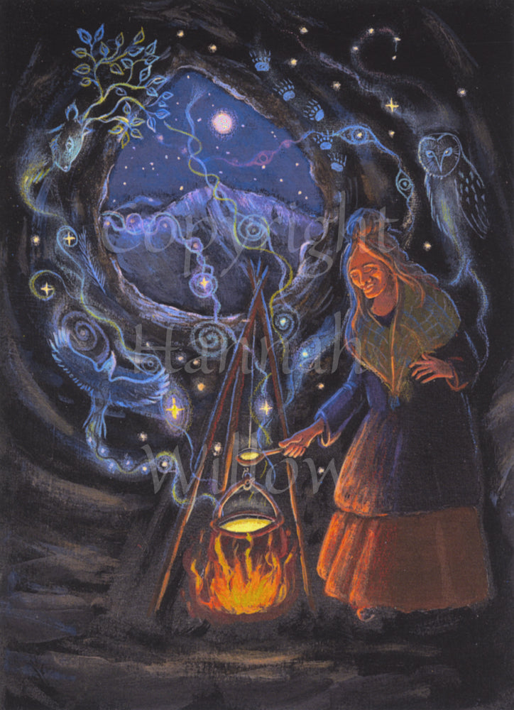 An older woman in a thick coat and dress stands in a cave, her face and body lit by a fire burning in the centre. A tripod holds a cooking pot with a handle above the fire. The interior glows a golden colour, as do the contents of the spoon the woman is holding above the pot. Ghostly blue and gold animal figures, including a raven, owl and deer, drift up and away from the pot. Beyond, an oval entrance to the cave looks out to the view of a distant mountain.
