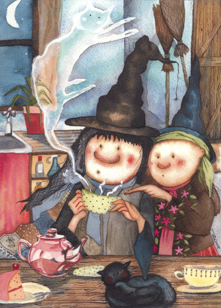 Two women wearing long, pointed hats stand at a kitchen table studying the contents of a steaming cup, one pointing towards the contents. As the steam rises upwards it forms the shape of a leaping cat. A teapot, slice of cake, and black cat sit on the table in front of them.
