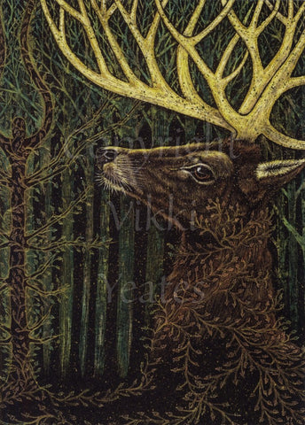 The head and neck of a stag with large, pale antlers. A tree with glowing leaves grows to one side, and vines from the tree extend out to flow around the neck of the stag. A line of trees in a dark forest can be seen behind.