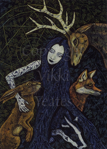 A pale woman with long blue hair drawn as a leafy vine, looks down and wraps an arm around a crouching hare. A badger peeks out from beneath her hair. A fox sits to one side, and a stag lowers his head towards her. The background consists of leafy vines and a seven-pointed star.