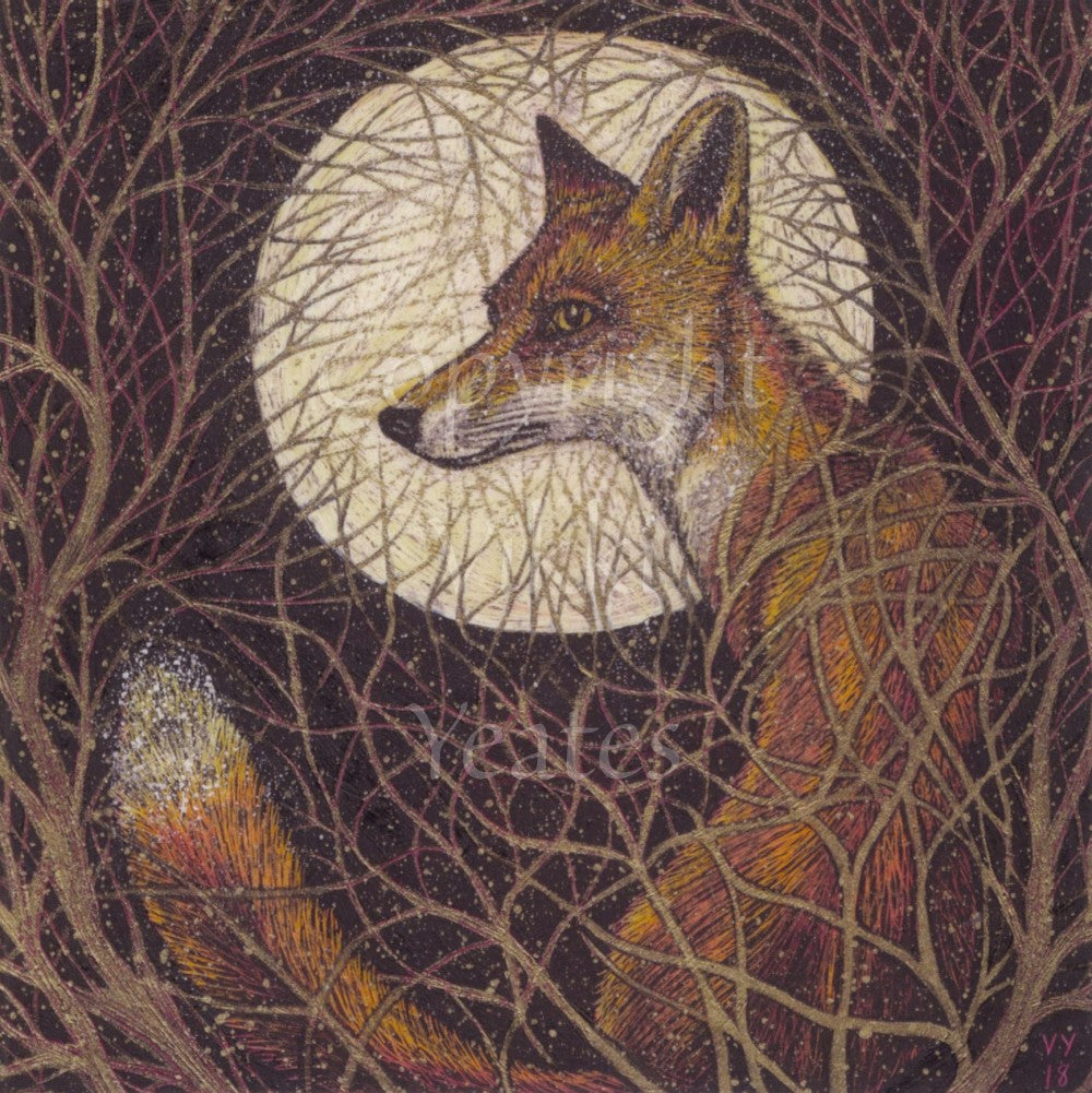 A red fox sits with their back to the viewer, head turned sideways. A full moon rises behind them, and they're surrounded by a tangle of branches.