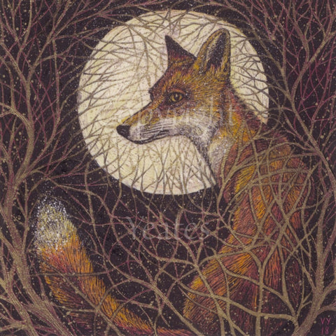 A red fox sits with their back to the viewer, head turned sideways. A full moon rises behind them, and they're surrounded by a tangle of branches.