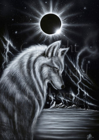 A monochrome design. A silver-grey wolf sits sideways to the viewer, head lowered. A total solar eclipse occurs overhead, the sun's rays radiating out from behind the black centre. A series of lightning hit a mountain range in the distance. A rippled layer of mist lies between the wolf and the mountains.