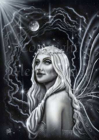A monochrome design of the head and shoulders of a fairy facing left with her head turned partly towards the viewer. She has long hair and translucent wings. A dark, partially lit sphere sits overhead. Lines of energy radiate around her.
