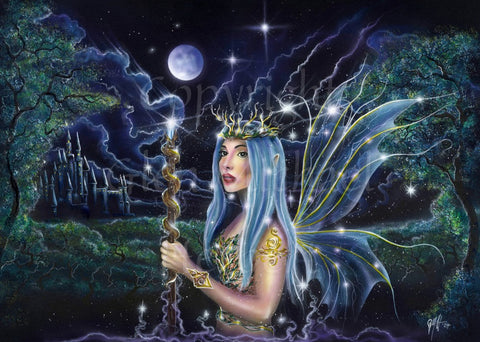 A fairy with blue hair and wings, and wearing a gold and green dress and head-dress, stands holding a twisted staff upright in one hand. A castle with many turrets can be seen in the distance. Glowing green trees stand either side, and down in the valley below. Lines of energy flow around the castle and also up into the staff. A full moon shines overhead against a starlit sky.