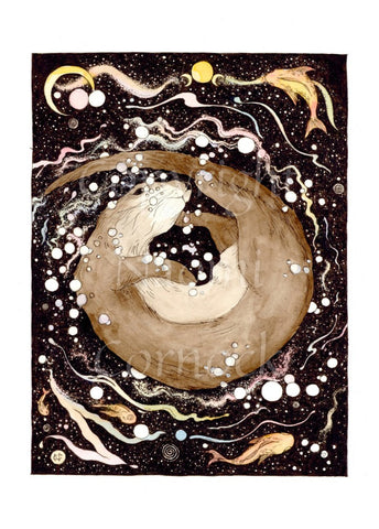 A brown otter curls as he frolicks in the dark water. He's surrounded by fish, bubbles and swirls. A triple moon appears at the top, flanked by a crescent moon on one side and a fish on the other.
