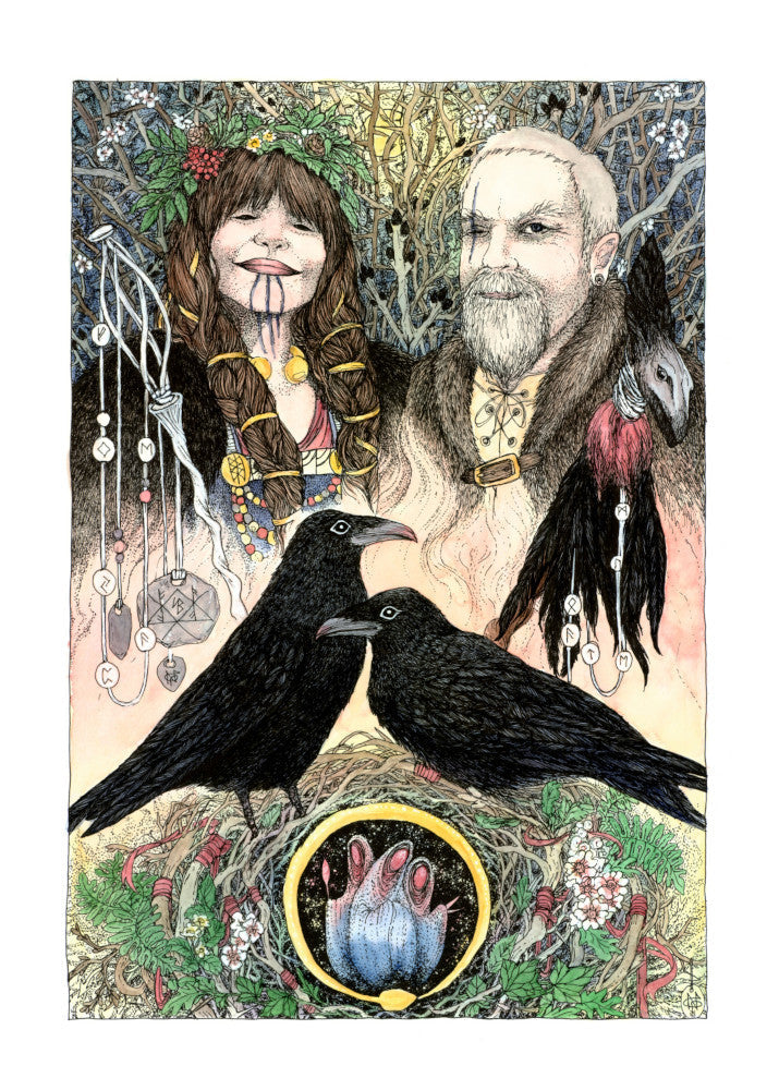 The head and shoulders of a woman (on the left) and a man (right) stand together, facing the viewer. The woman has long, plaited and bound brown hair, three drawn lines from her lip to her neck, and wears a garland on her head. To her side sits a delicate staff with runes hanging from it. The man has just one eye, with a long scar going vertically through where it should be, and is wearing a fur coat ...