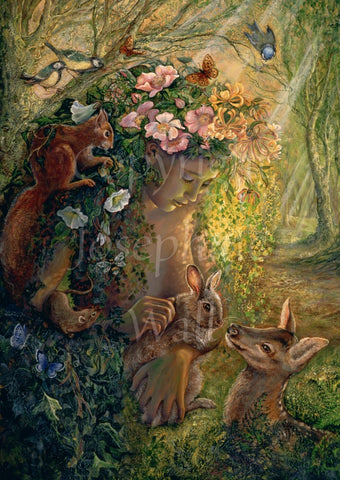 A young woman sits in a forest. Her long hair is made of flowering ivy and covered in flowers including honeysuckle and dog rose. A squirrel clings to one side, a mouse peers upwards toward her, and butterflies hover above. A deer sits among ferns to one side and in her arms she holds a rabbit. Small birds sit in the trees looking down towards her.