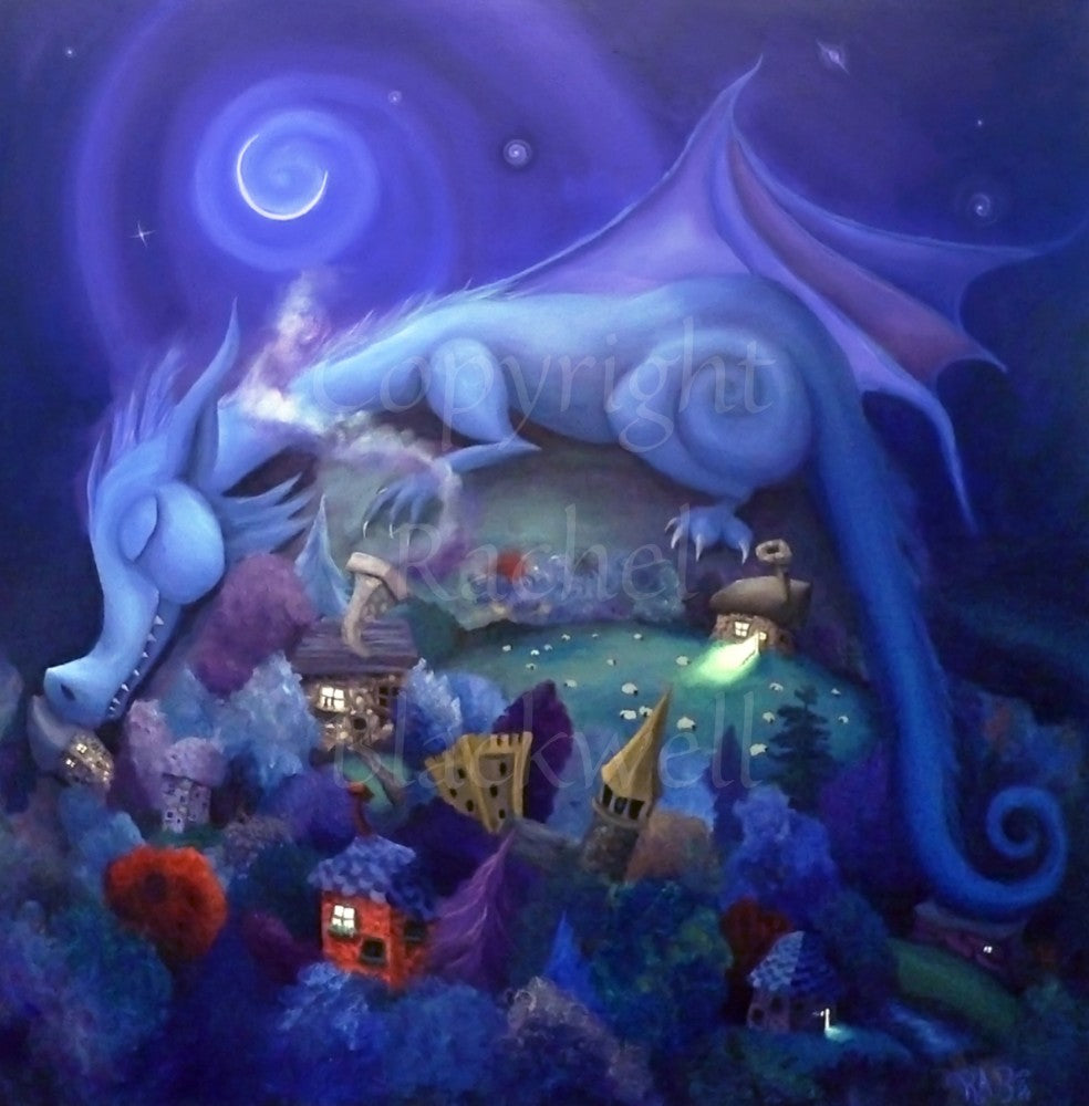Painting of a blue dragon with rounded body shape and features sleeps on a hill, his head and tail draped down either side. Sheep graze on the hill. At the bottom of the hill lies a village with colourful trees, houses and castle. A crescent moon shines overhead.