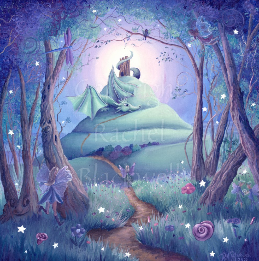 A winding path leads out from an enchanted forest where many fairies, and a dragonfly, can be seen. One fairy follows the path which leads up the side of a tall hill with steeply sloping sides. There's a tower on the top of the hill, and just below the tower, with its tail wound around it, sits a friendly dragon, wings partly open, and head resting on the path. There's a glow behind the top of the hill, fading to a blue night sky. Colours are rich teal, blue, purple and brown.