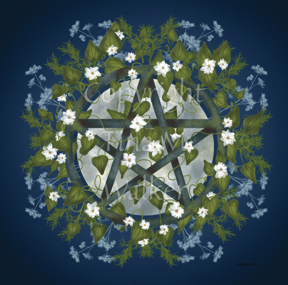 A pentacle symbol overlaid with green leaves, foliage and white flowers which extend outwards towards the edge of the design. A silvery full moon shines behind and within the circle of the pentacle. The background is deep blue.