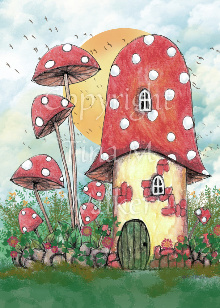 A cream toadstool house with red and white spotted roof, white curved windows, and an oval green door at the bottom. A low stone wall, entwined with leaves and red flowers, extends to each side, behind which is a mass of tall plants, several tall red toadstools on thin stems. An orange sun rises behind hte house against a pale cloudy sky, and a flock of birds flies by.
