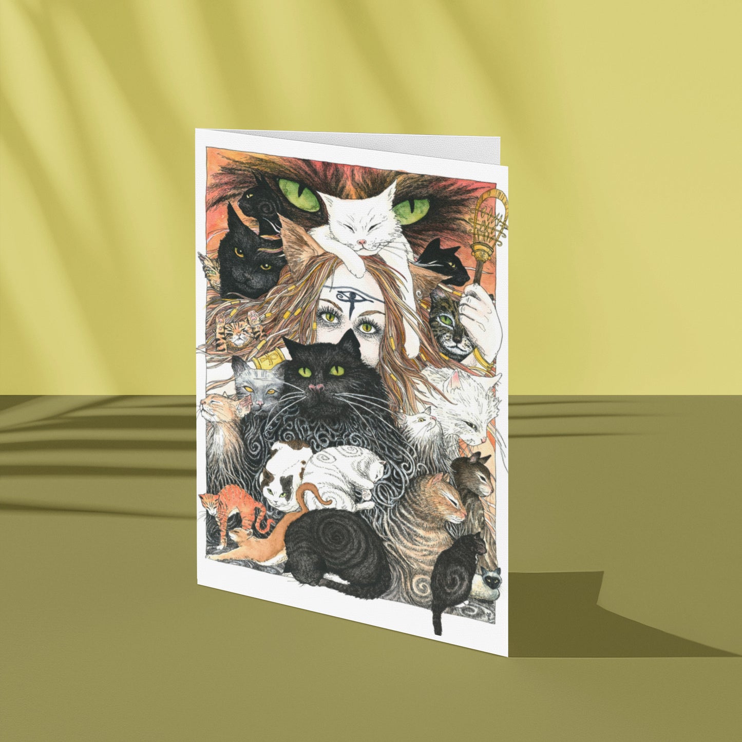 Greeting card with illustrations of cats on a yellow background