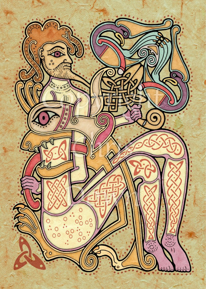 A bearded man drawn in Celtic style dominates the design. He is seated on the ground, knees up, facing to the right. Wrapped around him, with its head held upwards in front of the man, is an animal. The head is very large, about the size of the man's head and torso, and shaped like the head of an insect. The eye sockets resemble the bodies of birds, and the neck is a Celtic knot. Colours are browns, cream, pinks and purples.