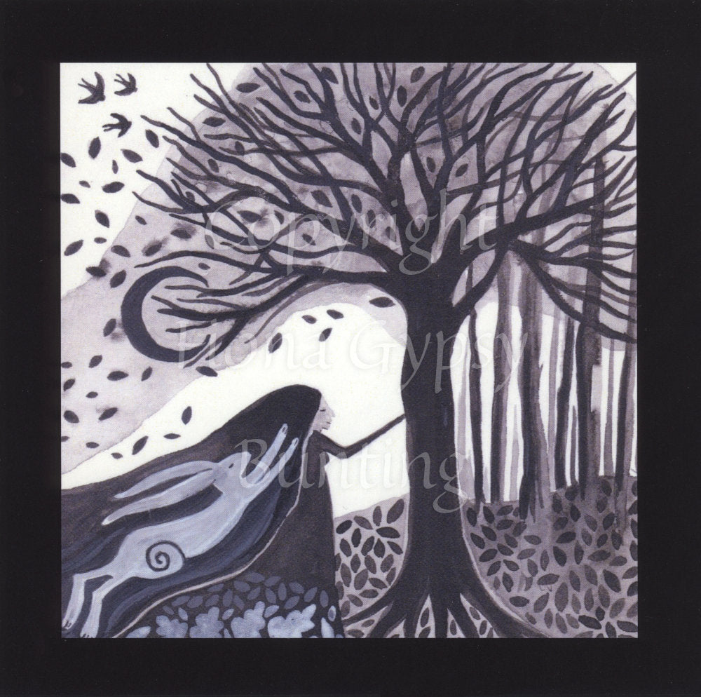 A mostly monochrome design. A woman in a long black floral dress stands under a tree, reaching out to touch it. Her long black hair streams out behind her and off the edge of the painting. A hare is leaping, apparently within her hair, towards the woman. The tree is mostly bare of leaves, with the remaining leaves blowing away in the wind. The ground is covered with leaves, and more bare trees stand in the background.