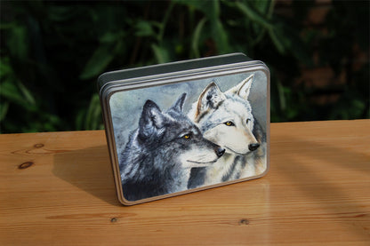 Two grey wolves face to the right, their heads close together. Only the heads of the wolves are shown.