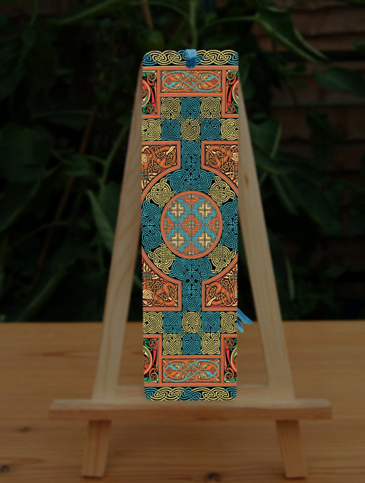 An intricate design incorporating dozens of Celtic knots. Colours are orange, beige and blue.