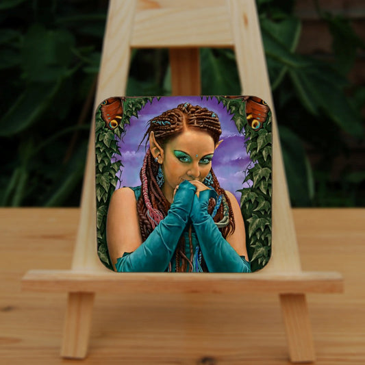 A brown-skinned female elf with long braided brown hair tied back, looks toward the viewer, hands held together in front of her mouth as though to suppress laughter. She wears a turquoise sleeveless dress and elbow-length arm sleeves. She's surrounded by ivy with a butterfly in each corner.