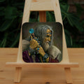 A man with long grey hair and a beard leans on his staff, looking intently to the right. He is wearing a deep purple coat with a pale-coloured fur mantle, and many silver bracelets and rings. A silver pentagram can be glimpsed from behind his staff. The top of the wooden staff has a large, turquoise jewel at the top.