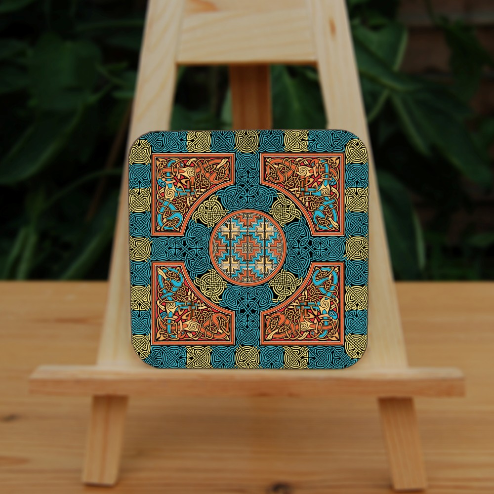 An intricate design incorporating dozens of Celtic knots. Colours are orange, beige and blue.