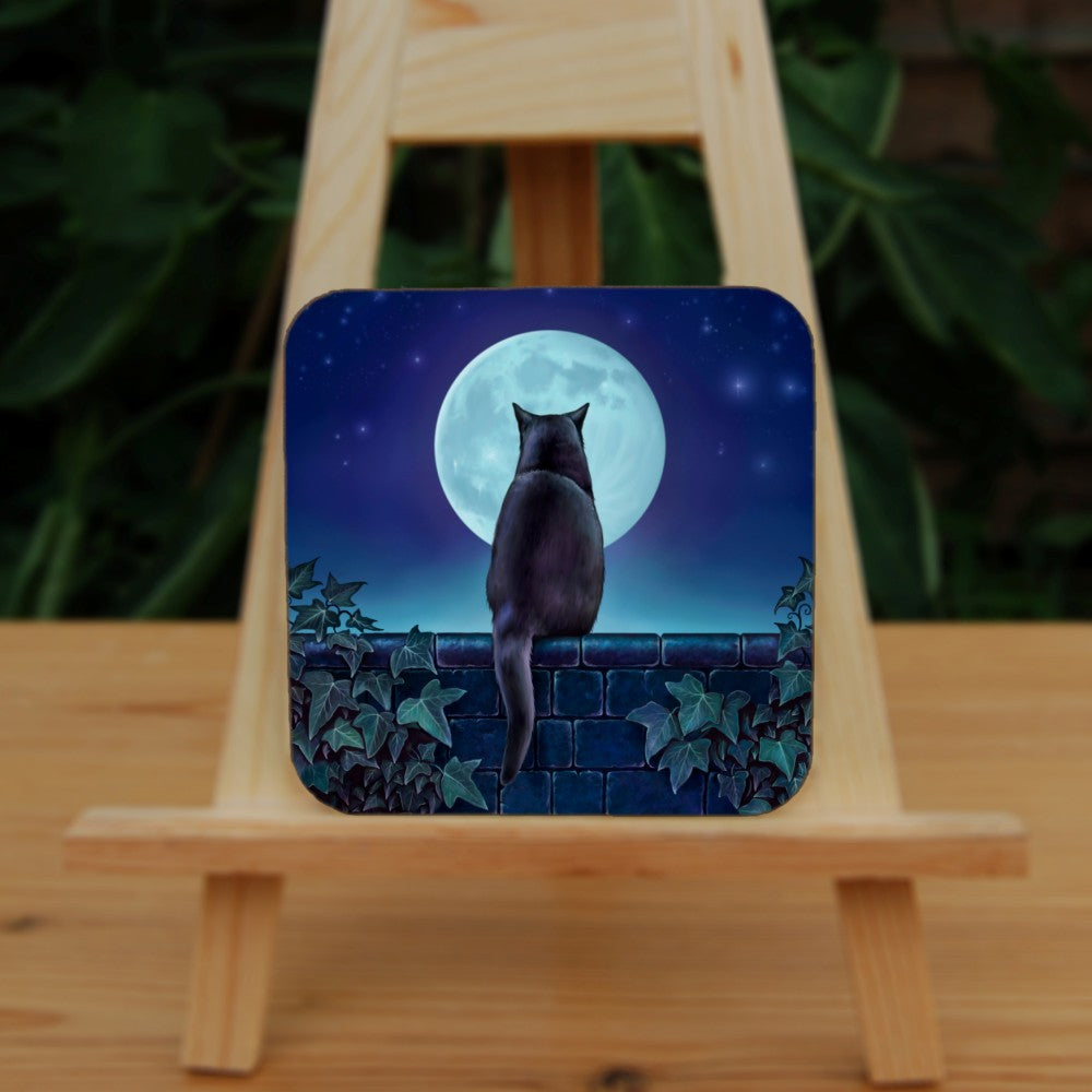 A black cat sitting on a brick wall at night looking towards the full moon. There is ivy on the wall either side of the cat. Colours are mostly deep blues and greens.