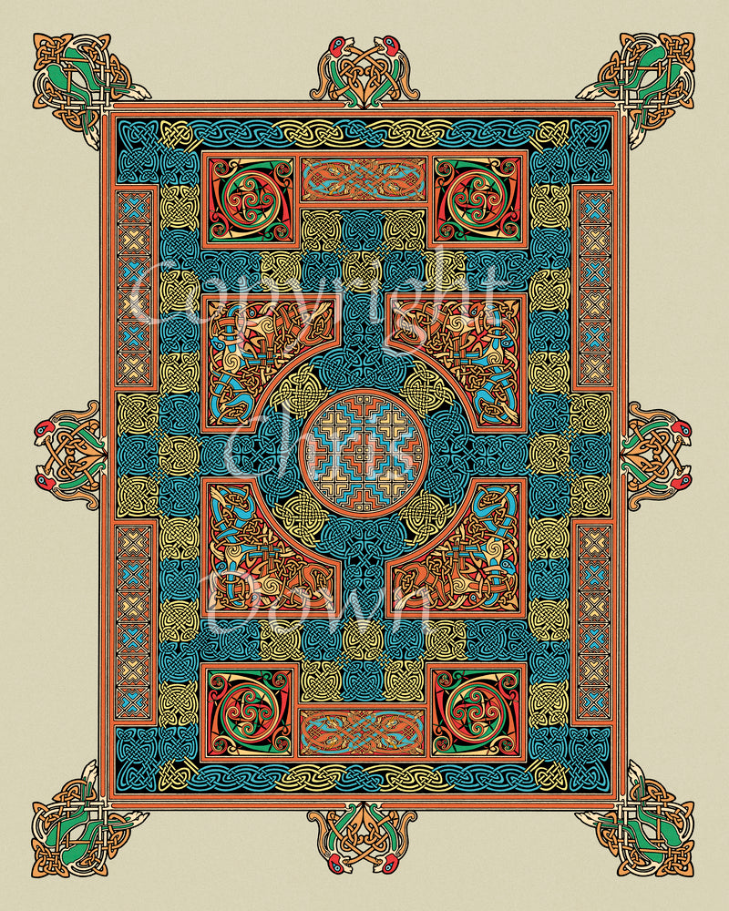 An intricate rectangular design incorporating dozens of Celtic knots, with Celtic-style animals around the perimeter. Colours are orange, beige and blue.