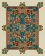 An intricate rectangular design incorporating dozens of Celtic knots, with Celtic-style animals around the perimeter. Colours are orange, beige and blue.
