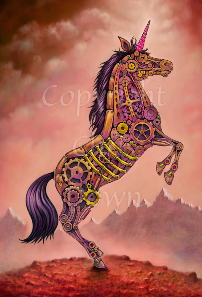 A mechanical unicorn made from cogs, gears and metal plates rears up on its hind legs. The mane and tail are purple, and the horn is pink. Overall colours are pinks, yellows, and browns. The ground beneath and the sky are red, and mountain peaks can be seen in the distance. 