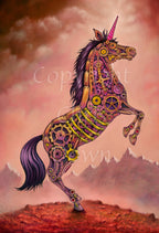 A mechanical unicorn made from cogs, gears and metal plates rears up on its hind legs. The mane and tail are purple, and the horn is pink. Overall colours are pinks, yellows, and browns. The ground beneath and the sky are red, and mountain peaks can be seen in the distance. 
