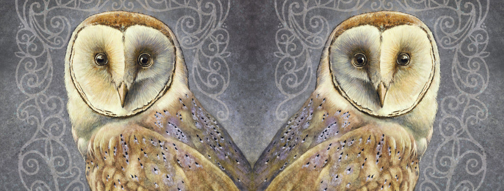 The wrap image of the mug. The owl is shown once on each side of the mug. One owl is reversed, so they appear back-to-back.