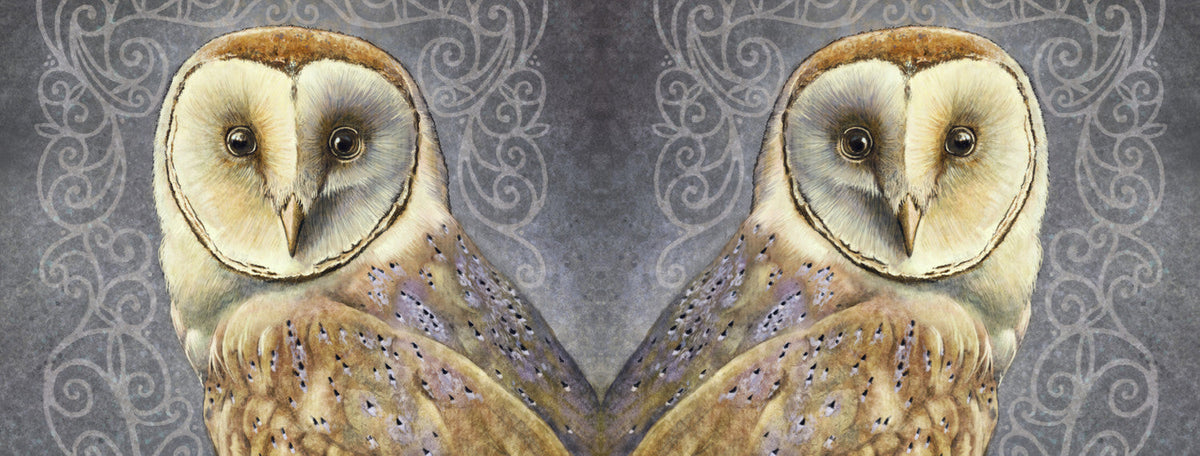The wrap image of the mug. The owl is shown once on each side of the mug. One owl is reversed, so they appear back-to-back.