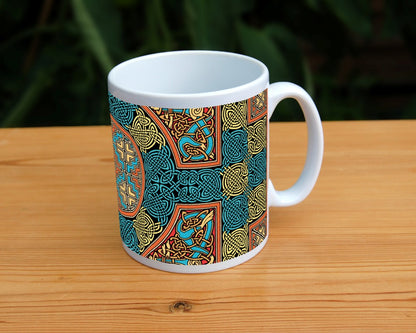 An intricate design incorporating dozens of Celtic knots. Colours are orange, beige and blue.