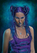 A young, dark-skinned woman with long, partially-braided purple hair held in two buns looks towards the viewer. She wears a sleeveless, fitted purple top, blue lipstick, and a ring through her bottom lip.