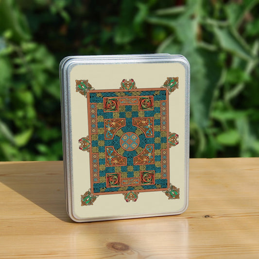 An intricate rectangular design incorporating dozens of Celtic knots, with Celtic-style animals around the perimeter. Colours are orange, beige and blue.