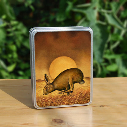 A brown hare runs from right to left, back curved, hind legs ahead of front legs. The sun rises behind, casting a golden brown glow across the sky, field and grass beneath the hare.