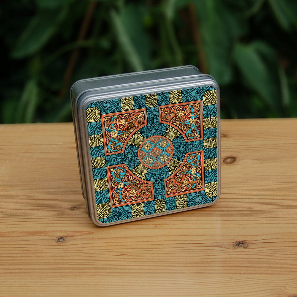 An intricate design incorporating dozens of Celtic knots. Colours are orange, beige and blue.