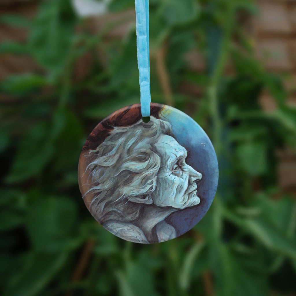 The other side of the ornament, showing just the older woman's face.