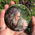 A hand holding a circular object: An older man with long hair, grey beard, and wearing a red coat cradles a sleeping fairy in his arms. Branches of hawthorn and ivy fill the background.
