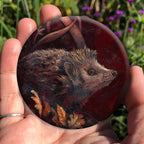 A hand holding a circular object: A hedgehog shuffles through crisp brown autumn leaves lying on the ground. Woven branches rise upwards, and a leaf falls towards the ground. Colours are browns and reds.