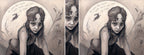 The wrap design of the mug: The image is repeated on both sides of the mug, with a narrow strip in the centre to fill the gap, showing a close-up of the woman's head.