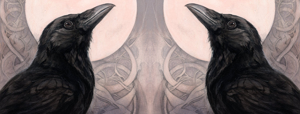 The wrap image of the mug. The image is repeated on the other side of the mug, reversed so the ravens face one another.