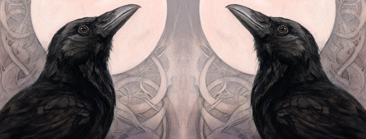 The wrap image of the mug. The image is repeated on the other side of the mug, reversed so the ravens face one another.