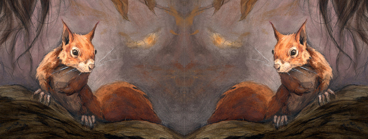 The wrap image of the mug: the squirrel design appears on each side of the mug, one side reversed so two squirrels appear to face one another.