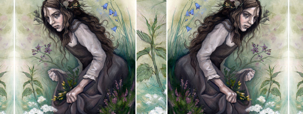 The wrap design of the mug. The design is repeated once on the other side of the mug, reversed. Slices of flora from the design fill the gaps inbetween the main design.